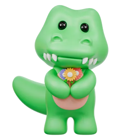 Cute Crocodile with three colorful flowers  3D Illustration