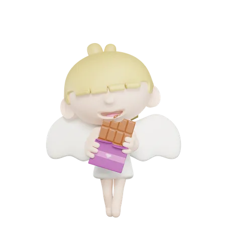 Cute Cupid Eating Chocolate  3D Illustration