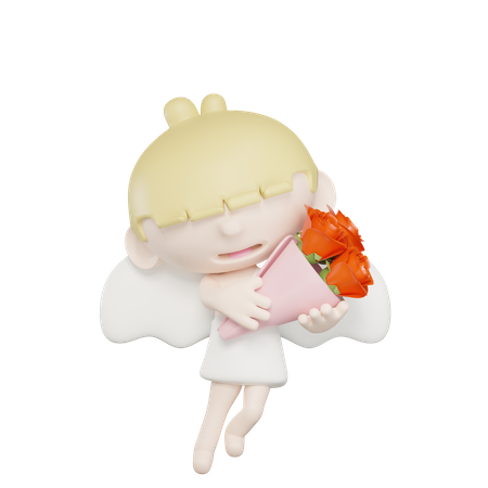 Cute Cupid Holding A Bunch Of Roses  3D Illustration
