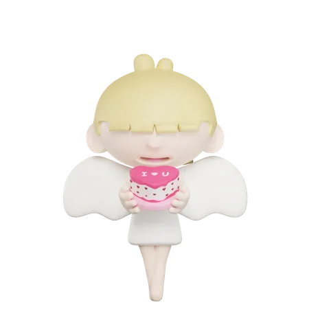 Cute Cupid Holding Romantic Cake 3D Illustration