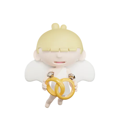 Cute Cupid Holding Two Rings 3D Illustration
