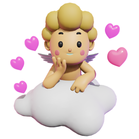 Cute Cupid Seating On Love Cloud  3D Illustration