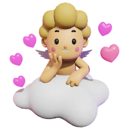 Cute Cupid Seating On Love Cloud  3D Illustration