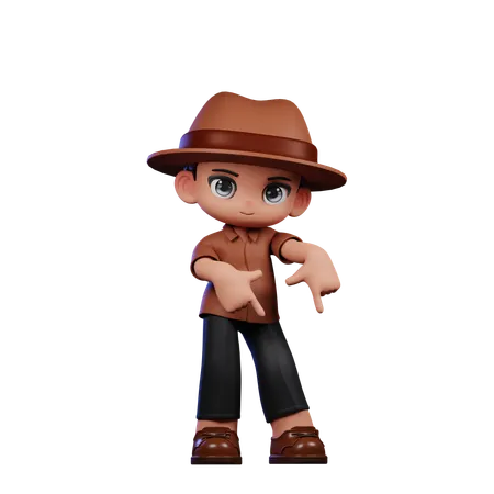 Cute Detective Pointing Down  3D Illustration