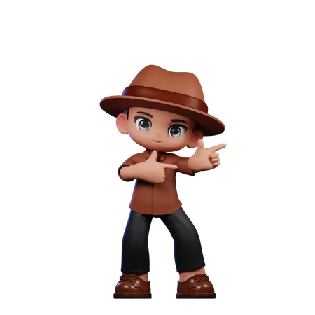 Cute Detective Pointing Left  3D Illustration