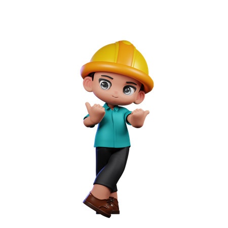 Cute Engineer Pointing at Side  3D Illustration