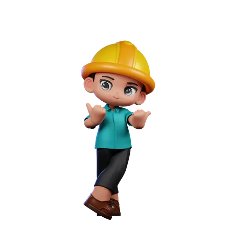 Cute Engineer Pointing at Side  3D Illustration