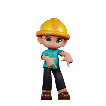 Cute Engineer Pointing Down  3D Illustration
