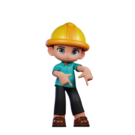 Cute Engineer Pointing Down  3D Illustration