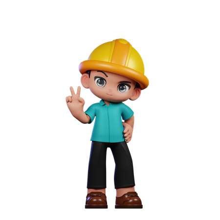Cute Engineer Showing Peace Sign  3D Illustration