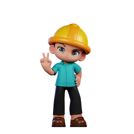 Cute Engineer Showing Peace Sign  3D Illustration