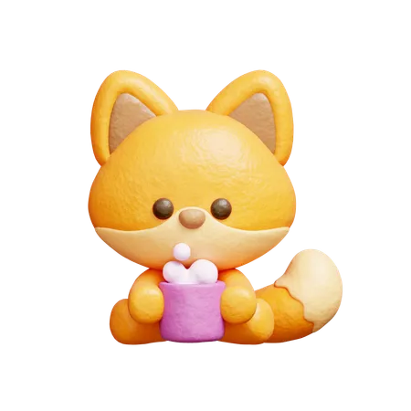 Cute Fox Drinking Coffee  3D Illustration