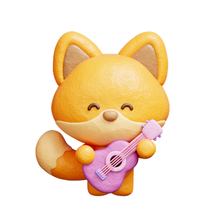 Cute Fox Playing Guitar  3D Illustration