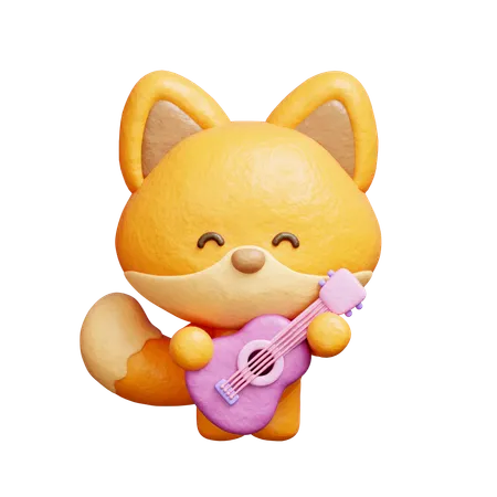 Cute Fox Playing Guitar  3D Illustration