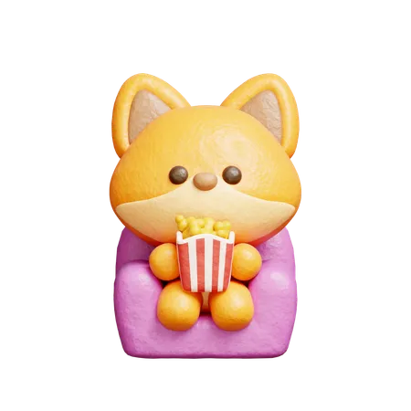 Cute Fox Watching A Movie  3D Illustration