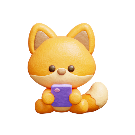 Cute Fox Watching On Smartphone  3D Illustration