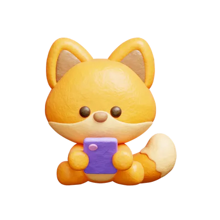 Cute Fox Watching On Smartphone  3D Illustration