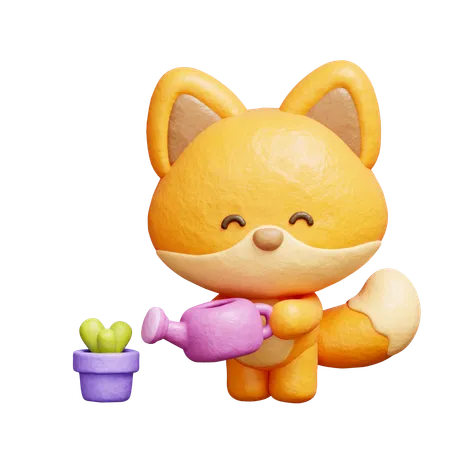 Cute Fox Watering Plant  3D Illustration