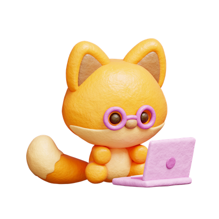 Cute Fox Working On Laptop  3D Illustration