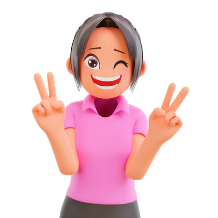 Cute funny girl showing victory sign  3D Illustration