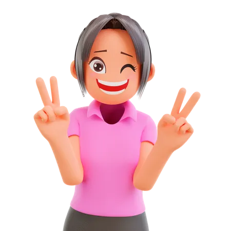 Cute funny girl showing victory sign  3D Illustration