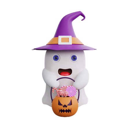 Cute Ghost With Pumpkin Basket  3D Illustration