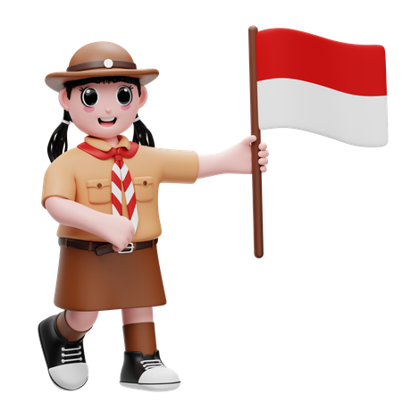 Cute Girl Carrying The Indonesian Flag  3D Illustration