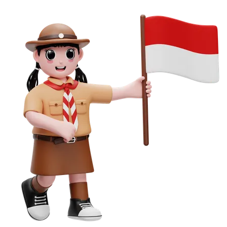 Cute Girl Carrying The Indonesian Flag  3D Illustration