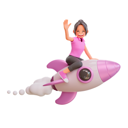Cute girl flying on a rocket  3D Icon
