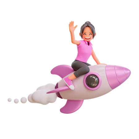 Cute girl flying on a rocket  3D Illustration