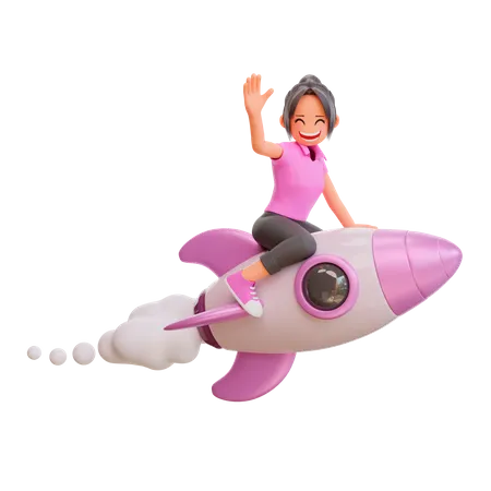 Cute girl flying on a rocket  3D Illustration