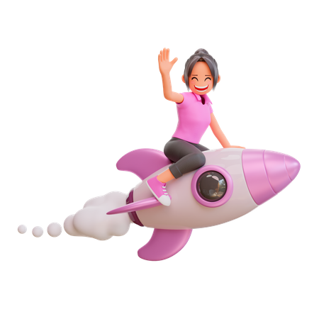 Cute girl flying on a rocket 3D Illustration