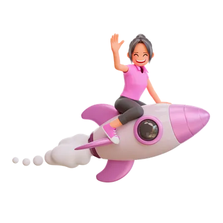 Cute girl flying on a rocket 3D Illustration