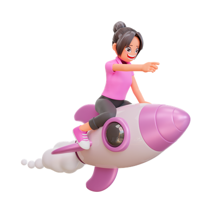 Cute girl flying on a rocket and pointing  3D Icon