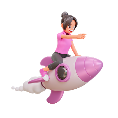 Cute girl flying on a rocket and pointing  3D Illustration