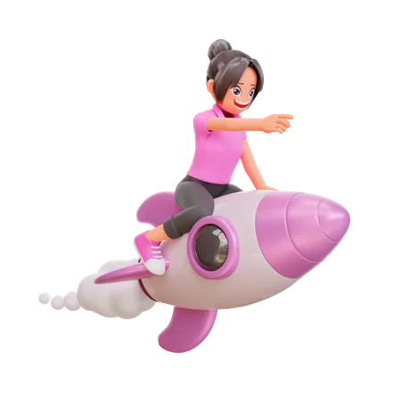 Cute girl flying on a rocket and pointing  3D Illustration