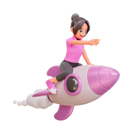 Cute girl flying on a rocket and pointing 3D Illustration