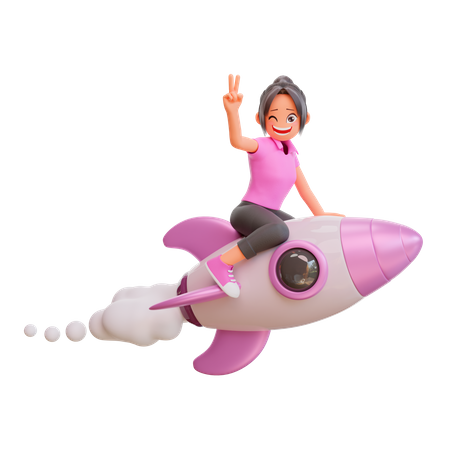 Cute girl flying on a rocket and showing victory sign  3D Icon