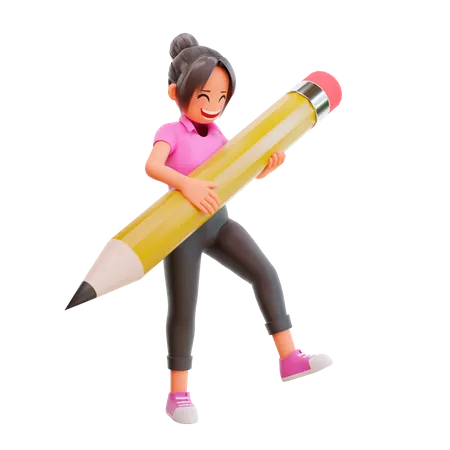 Cute girl holding a big pencil  3D Illustration