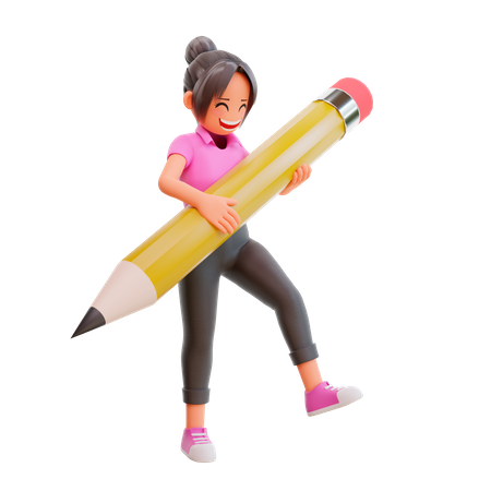 Cute girl holding a big pencil 3D Illustration