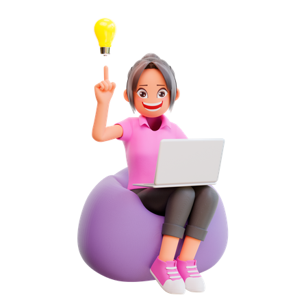 Cute girl holding laptop and get an idea  3D Illustration