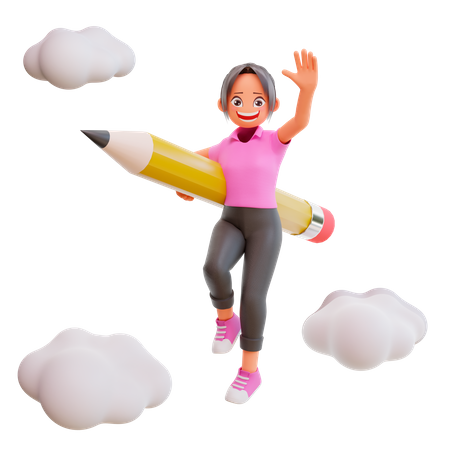 Cute girl holding pencil  3D Icon
