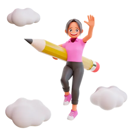 Cute girl holding pencil  3D Illustration