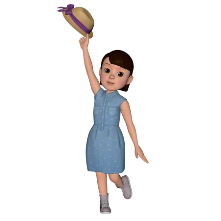 Cute Girl Jumping With Hat  3D Icon