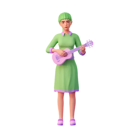 Cute girl playing guitar 3D Illustration