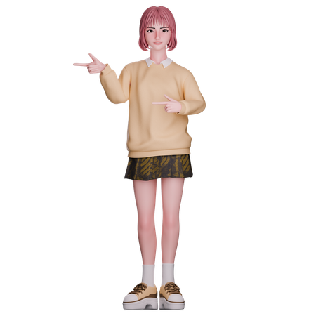 Cute Girl Pointing Left Side  3D Illustration