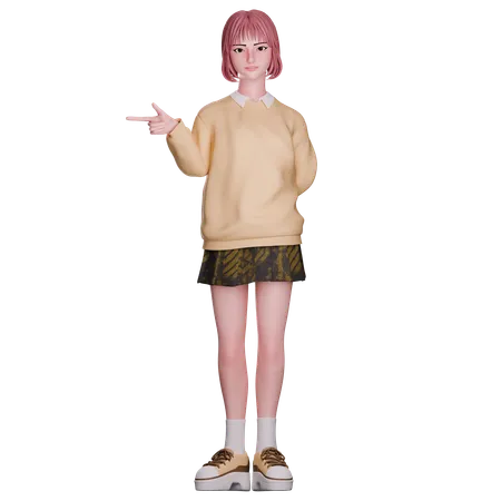 Cute Girl Pointing Left Side  3D Illustration