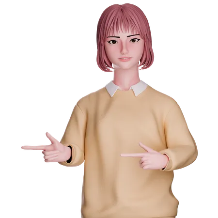 Cute Girl Pointing Left Side  3D Illustration