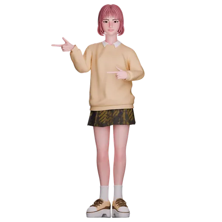 Cute Girl Pointing Left Side  3D Illustration