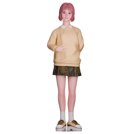 Cute Girl Pointing Right  3D Illustration